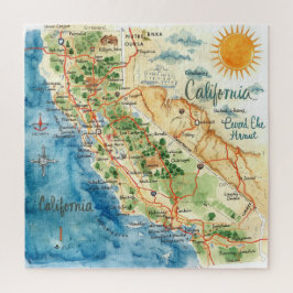 Vintage Watercolor California Travel Map Art ジグソーパズル