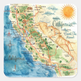 Vintage Watercolor California Travel Map Art スクエアシール