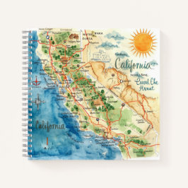 Vintage Watercolor California Travel Map Art ノートブック