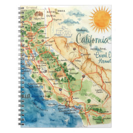 Vintage Watercolor California Travel Map Art ノートブック