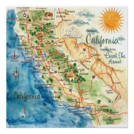 Vintage Watercolor California Travel Map Art ポスター