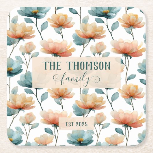 Vintage Watercolor Floral Family Heritage スクエアペーパーコースター (正面)