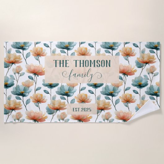 Vintage Watercolor Floral Family Heritage ビーチタオル (正面)