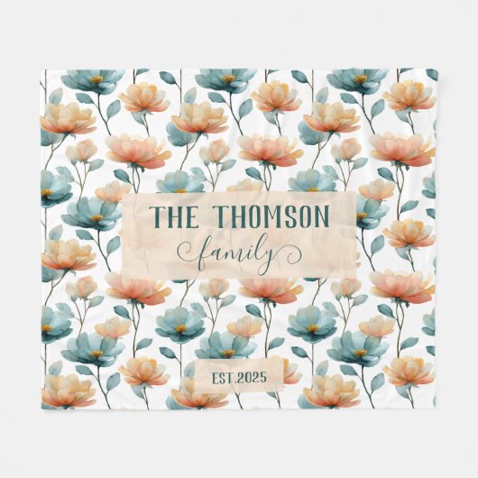 Vintage Watercolor Floral Family Heritage フリースブランケット (正面(横))