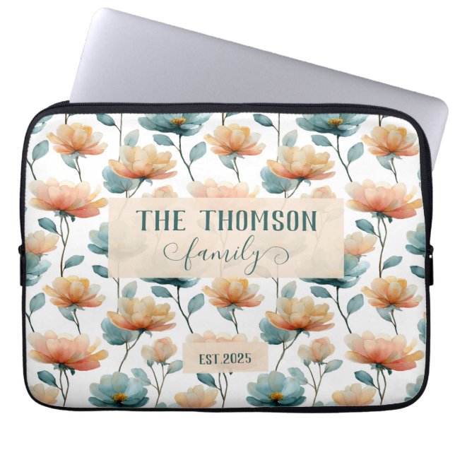 Vintage Watercolor Floral Family Heritage ラップトップスリーブ (正面)