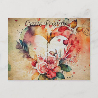 Vintage Watercolor Heart & Flowers 1 ポストカード
