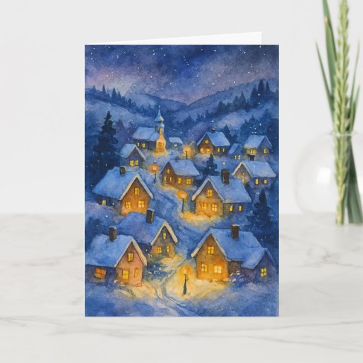 Vintage Watercolor Night Village Christmas シーズンカード (正面)