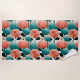 Vintage Watercolor Pink and Green Floral ビーチタオル