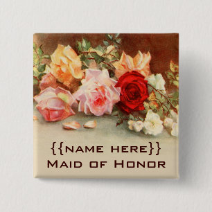 Vintage Wedding Badge Antique Roses Flowers Floral 缶バッジ