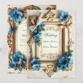 Vintage Wedding Beautiful floral French Blue 招待状 (正面/裏面)
