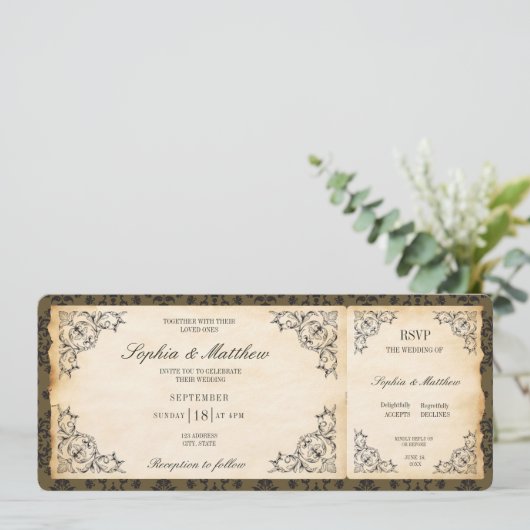 Vintage Wedding Ticket RSVP Baroque 招待状 (スタンド正面)