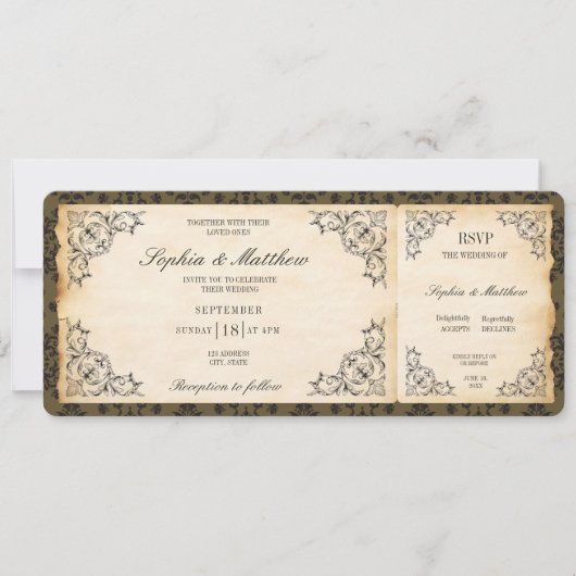 Vintage Wedding Ticket RSVP Baroque 招待状 (正面)