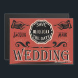 Vintage Weding Save The Date（賞味期限） マグネット招待状<br><div class="desc">赤、黒、クリーム色のヴィンテージスタイルグラフィックアートデザインの特徴は、指や手を指差す、エンブレム、スタイリッシュオーナメント、言葉が日付と結婚'sを保存する。花嫁の名前、グルームの名前、日付を入力します。</div>
