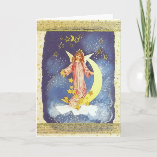Vintage-Weihnachts-Engel mit Halbmond in blau シーズンカード (正面)