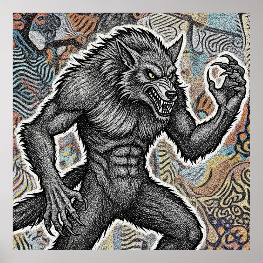 Vintage Werewolf Illustration Fierce Gothic Wolf ポスター (正面)