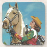 Vintage Western Cowgirl and Palomino Horse コースター<br><div class="desc">Vintage Western Cowgirl and Palomino Horse.</div>