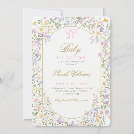 Vintage Whimsical Bow Baby Shower Girl invitation 招待状 (正面)