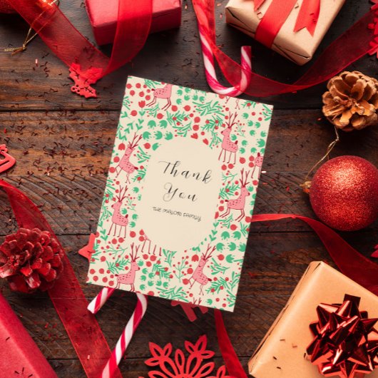 Vintage Whimsical Pink Reindeer, Christmas Pattern サンキューカード