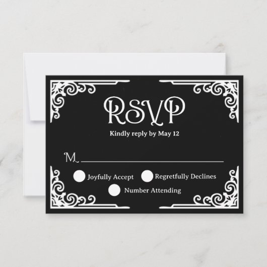  Vintage White Black Wedding  出欠カード (正面)