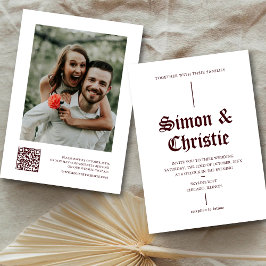 Vintage White Burgundy Photo QR Code Wedding 招待状