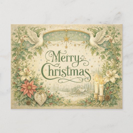 Vintage White Dove Christmas Wreath  シーズンポストカード (正面)