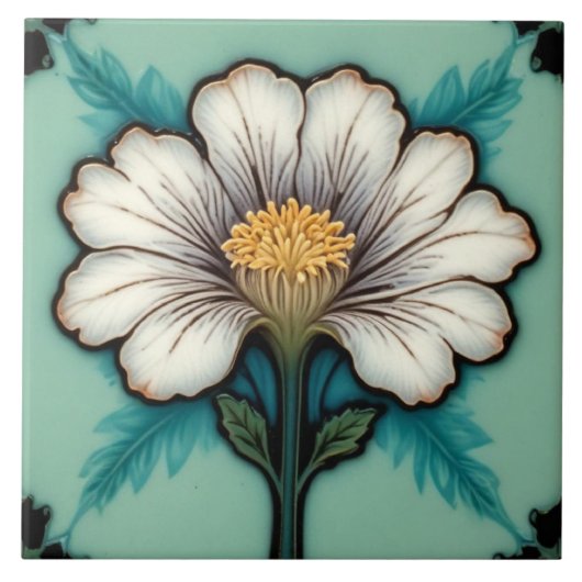 Vintage White Floral Ceramic Tile タイル (正面)