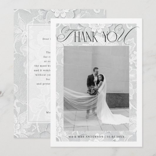 Vintage White Floral Lace Wedding サンキューカード (正面/裏面)