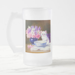Vintage White Kitten with Purple Ribbon フロストグラスビールジョッキ
