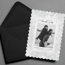 Vintage White Lace Elegant 2 Photo Wedding セーブザデート