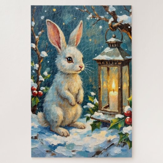 Vintage White Rabbit with Christmas Lantern ジグソーパズル (縦)