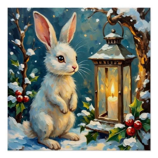 Vintage White Rabbit with Christmas Lantern ポスター (正面)