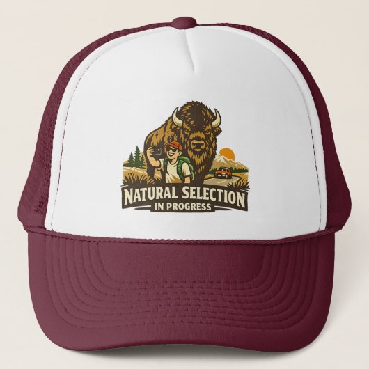 Vintage Wilderness Humor Bison Selfie Illustration キャップ (正面)