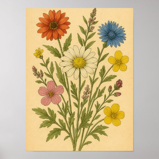 Vintage Wildflower on Weathered Paper ポスター (正面)