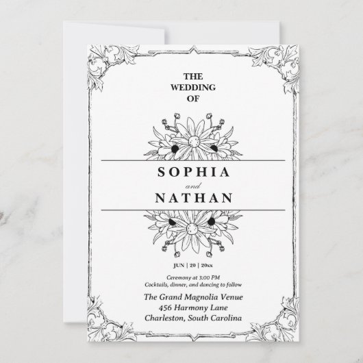Vintage Wildflower Sketch Wedding Invitation  招待状 (正面)