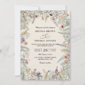 Vintage Wildflowers Fern Budget QR Code Wedding 招待状 (正面)