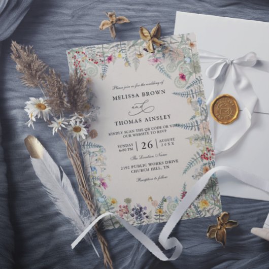 Vintage Wildflowers Fern Budget QR Code Wedding 招待状