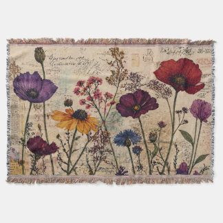 Vintage Wildflowers Floral Abstract Vintage Script スローブランケット