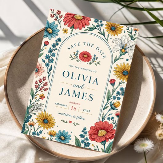 Vintage Wildflowers Wedding Invitation セーブザデート