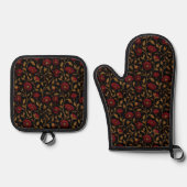 Vintage William Morris Red Gold Poppy Floral 鍋つかみ&鍋敷きセット (正面)