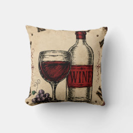 Vintage Wine Bottle and Glass Rustic Vineyard  クッション