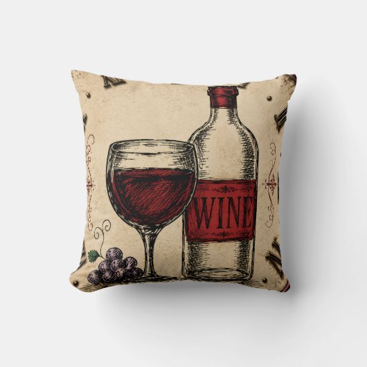Vintage Wine Bottle and Glass Rustic Vineyard  クッション (正面)