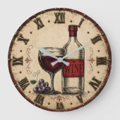 Vintage Wine Bottle and Glass Rustic Vineyard ラージ壁時計 (正面)