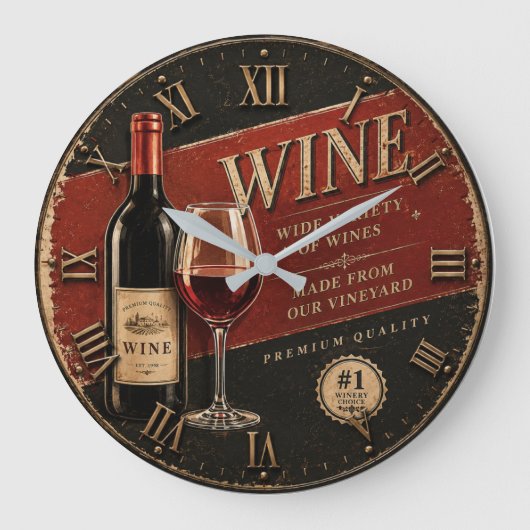 Vintage Wine Bottle Rustic Winery Vineyard Kitchen ラージ壁時計 (正面)