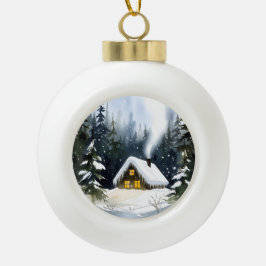Vintage Winter Cabin Watercolor Christmas セラミックボールオーナメント
