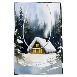 Vintage Winter Cabin Watercolor Christmas ミディアムペーパーバッグ