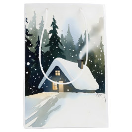 Vintage Winter Cabin Watercolor Christmas ミディアムペーパーバッグ