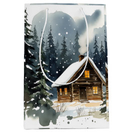 Vintage Winter Cabin Watercolor Christmas ミディアムペーパーバッグ