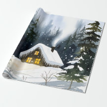 Vintage Winter Cabin Watercolor Christmas