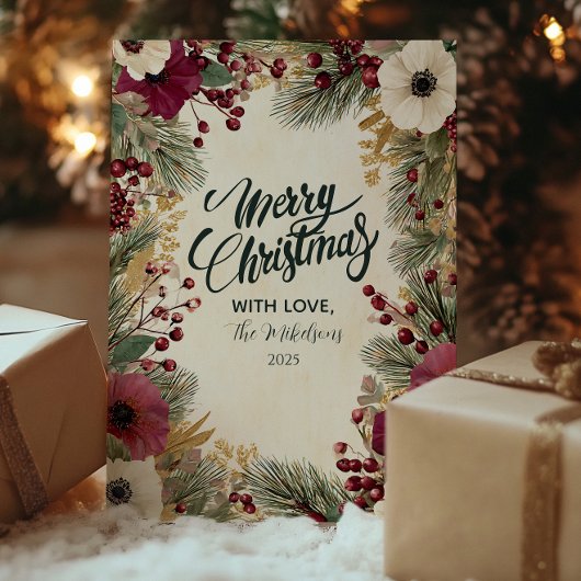 Vintage Winter Floral Merry Christmas シーズンカード