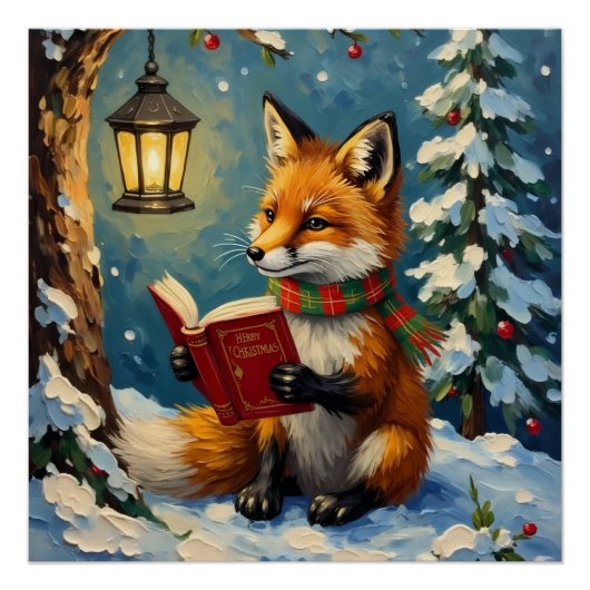 Vintage Winter Fox Reading by Lantern Light ポスター (正面)